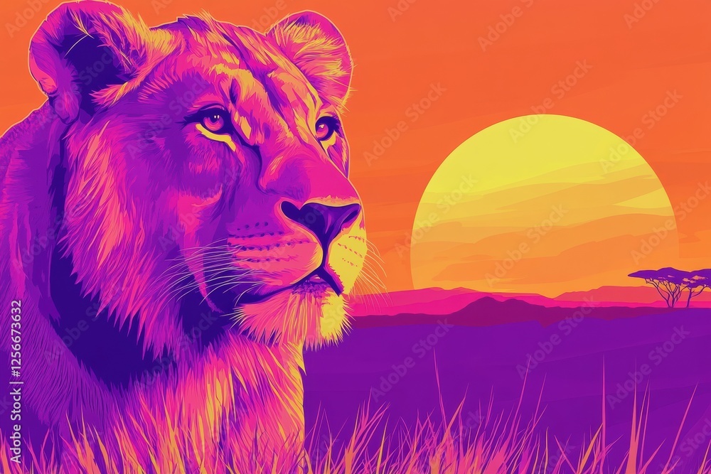 Aufkleber Vibrant pop art lion design with sunset backdrop and space for custom text. Generative AI