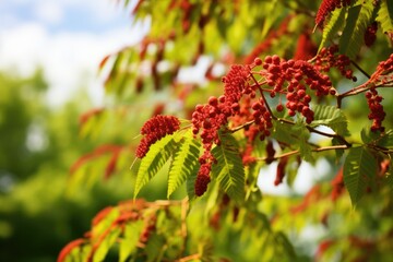 Rhus typhina also known as horned sumac with green leaves and red inflorescences can be found in the park
