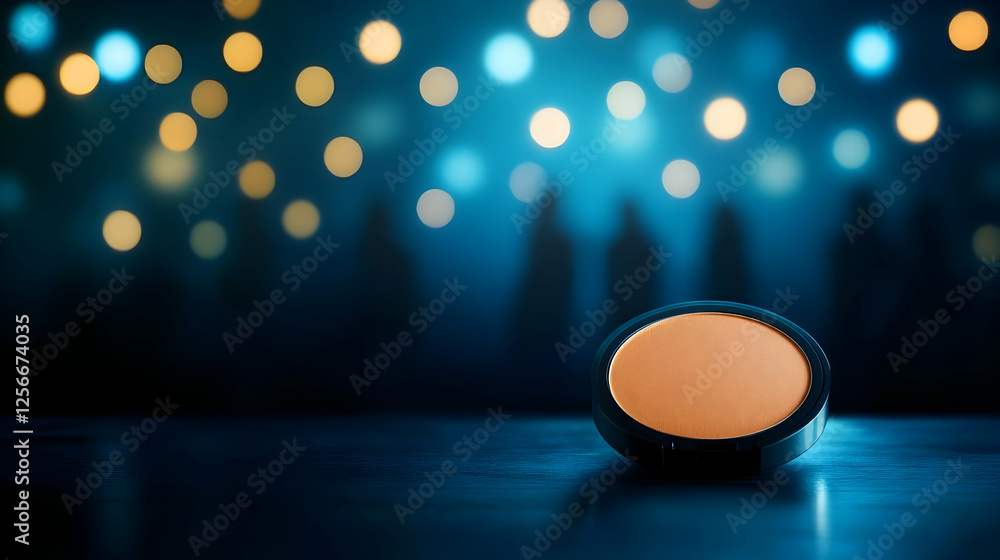 Poster a vibrant cosmetic compact on a surface, illuminated by colorful bokeh lights in the background, cre