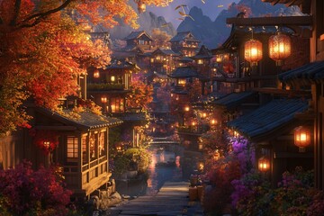 Illuminated Asian village at dusk, nestled in autumnal foliage, with a calm river flowing through.