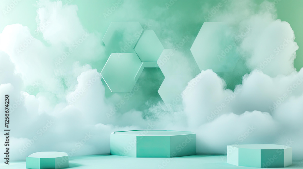 Poster ethereal mint green hexagon display platform in a cloudy sky