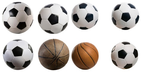 Variety of Soccer and Basketball Sports Balls Arranged in Grid, isolated on transparent background