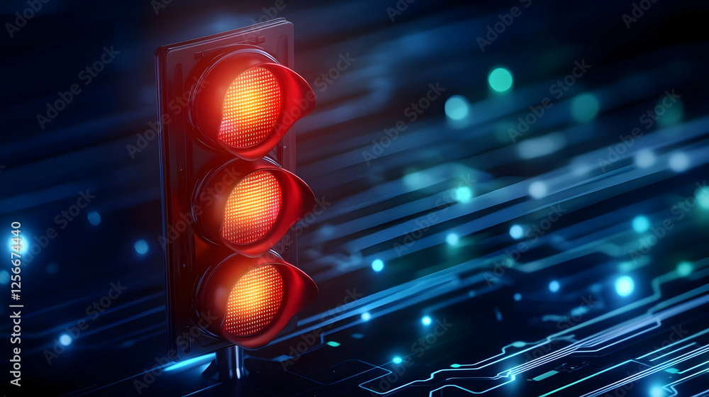 Poster a vibrant digital representation of a traffic light signaling stop against a backdrop of abstract ci