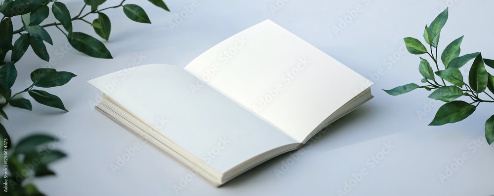 Poster Open notebook is lying on a table with green leaves around