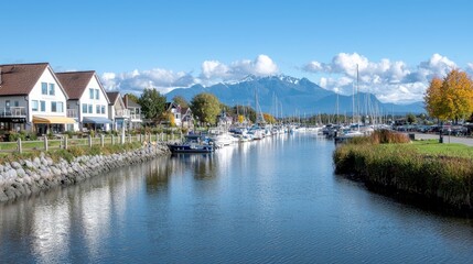 Fototapeta premium Boats moored along a calm canal lined with residential houses and autumn trees under a blue sky with mountains in the background.