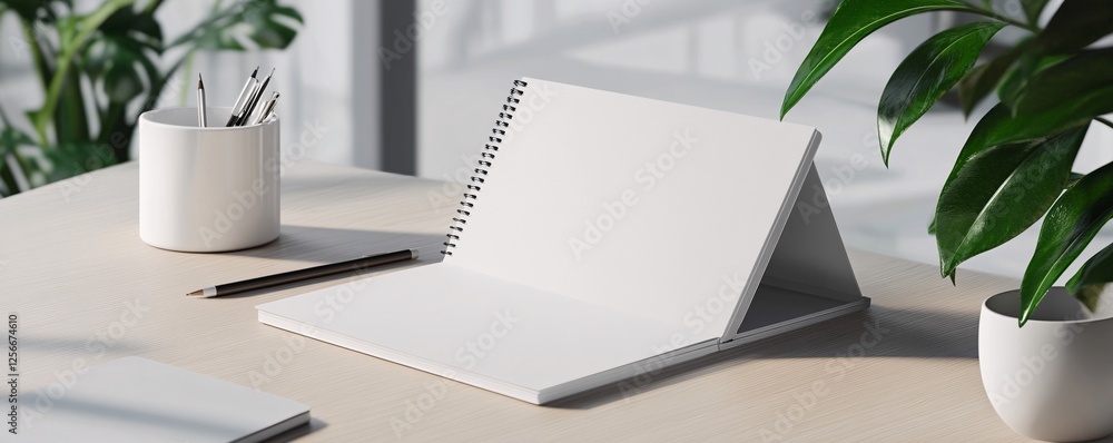 Poster open notebook mockup standing on desk with plants and pencils