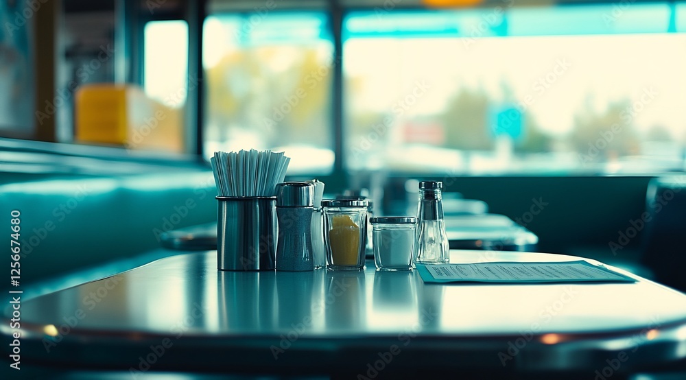 Aufkleber empty diner table with condiments, straws, and menu.