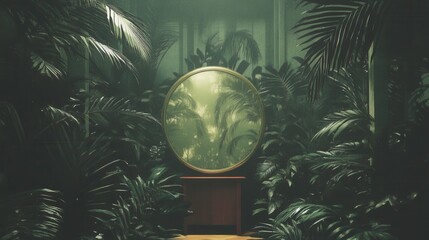 Fototapeta premium Exploring enigmatic reflections in lush greenery serene indoor setting artful photography dreamlike atmosphere