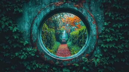 Obraz premium Exploring a serene garden path through a circular frame enchanting nature tranquil environment artistic viewpoint