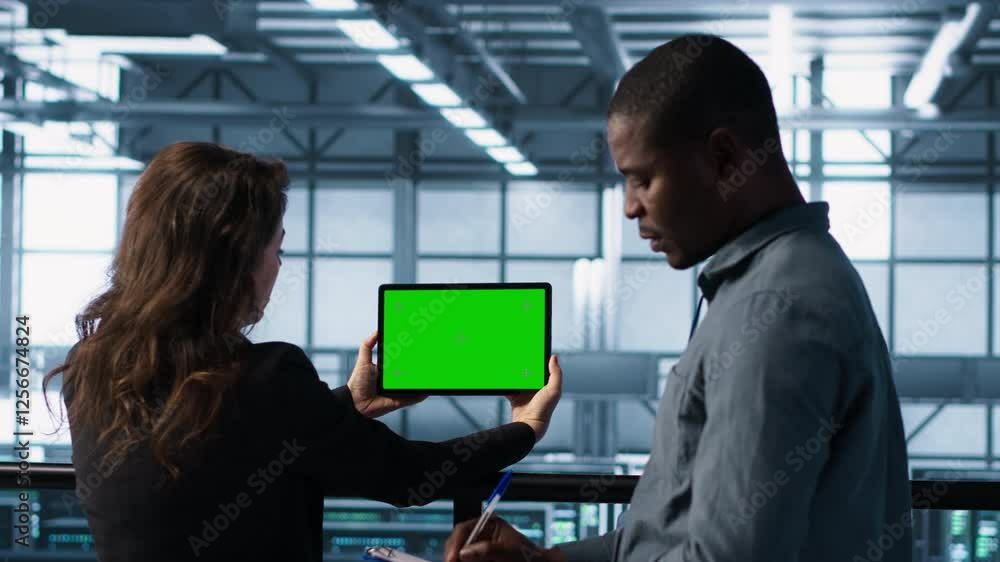 Poster system administrators in server farm using isolated screen mockup tablet to verify settings. data ce