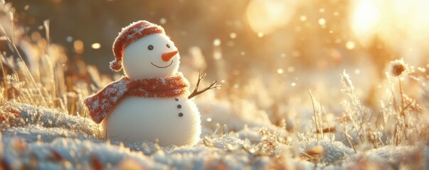 Obraz premium Cheerful snowman in a winter wonderland at sunset