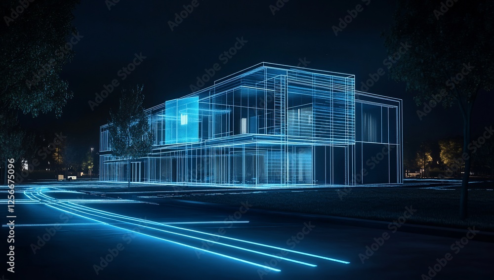 Poster night view of modern building architectural wireframe model with glowing light trails on road.