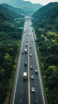 Cars and trucks crawl on a busy highway, surrounded by green hills during mudik season