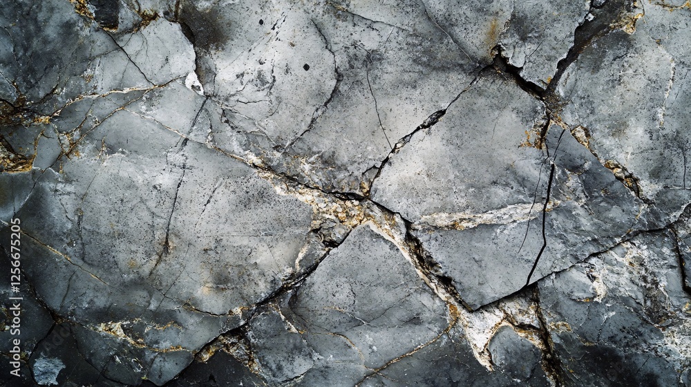 Fototapete Dark grey rock surface with cracks showing gold texture forming abstract pattern