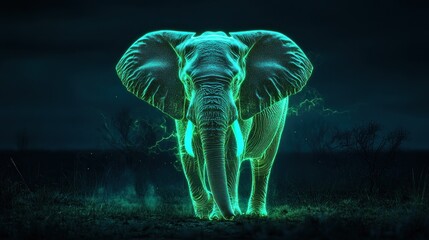 Glowing elephant, African savanna night, energy, wildlife conservation