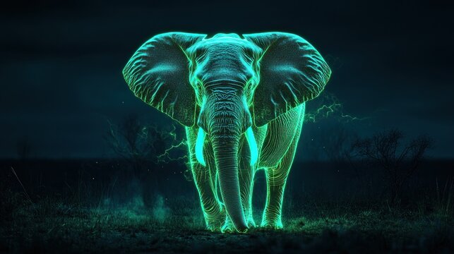 Glowing elephant, African savanna night, energy, wildlife conservation