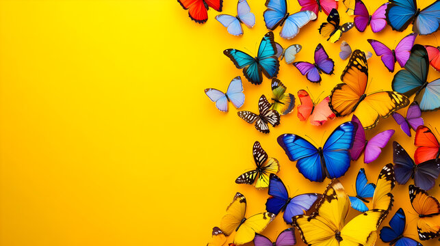 un fondo amarillo con espacio de copia con un grupo de mariposas coloridas llamativas y vibrantes sobre el fondo como decoracion paran invitacion o dise&ntilde;o de plantilla 