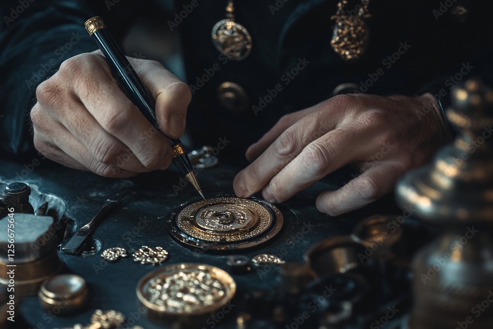 Poster close-up of artisan's hands meticulously crafting intricate golden details on a small, circular obje