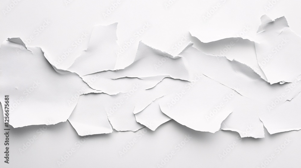 Poster torn white paper pieces creating abstract shapes on white background