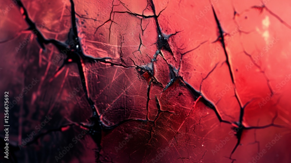 Poster vibrant red cracked surface close-up with intricate abstract patterns, evoking dramatic visual appea