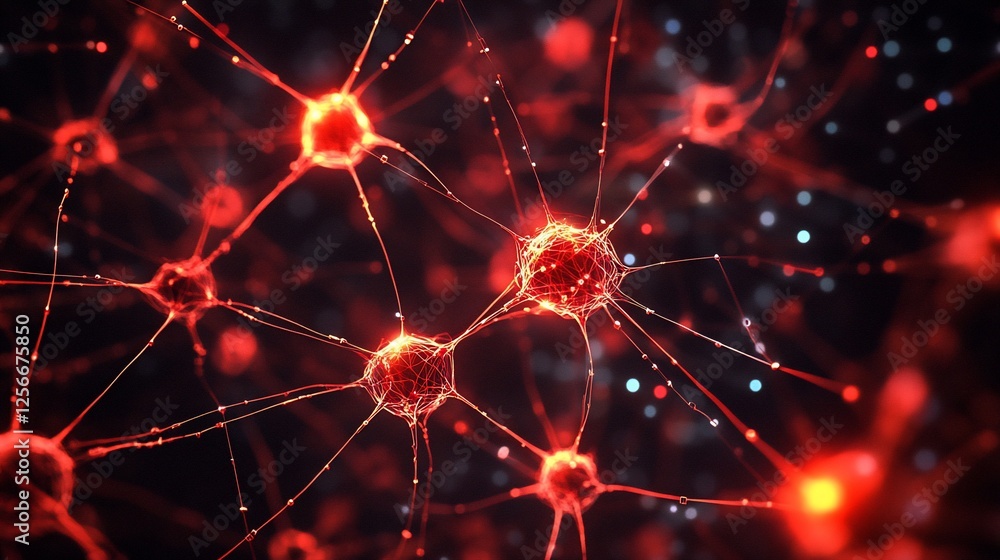 Poster microscopic view of interconnected neurons, glowing red in a dark background.