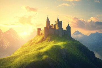 Majestic medieval castle atop a green hill illuminated by a vibrant sunset sky. Generative AI
