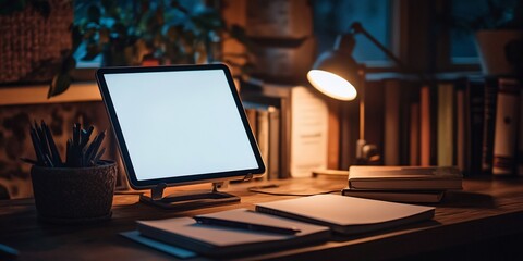 Tablet with blank screen on a desk at night, surrounded by books, pencils, and a lamp.