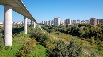 Highway overpass over green space and urban area