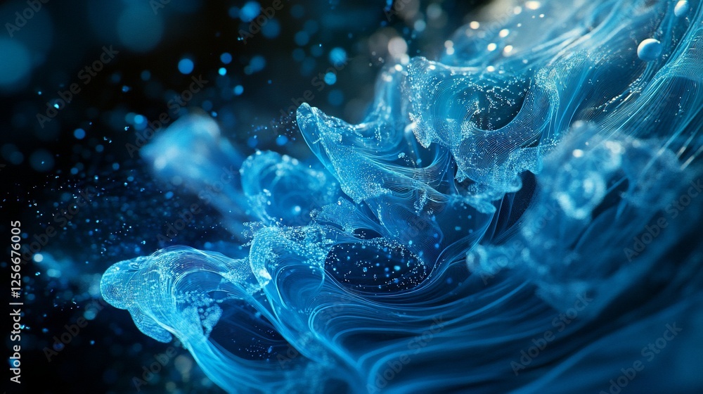 Poster abstract swirling blue liquid with dark background and bokeh.