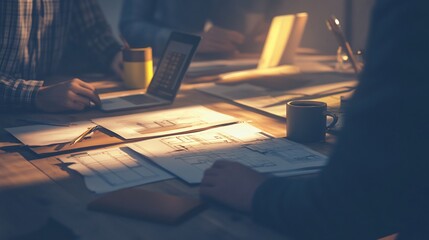 Team brainstorming, reviewing blueprints and plans on a wooden table.