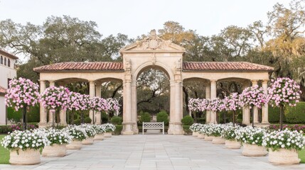 Obraz premium Elegant garden archway botanical park architectural photography serene environment wide angle tranquility