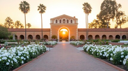 Naklejka premium Sunrise over historic campus archway beautiful garden outdoor tranquil scenic view nature's beauty