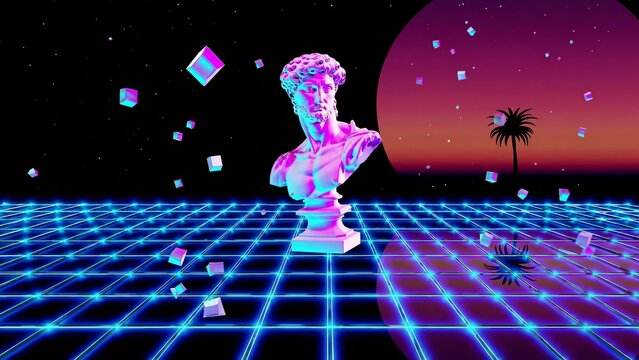 Neon-lit bust of a classical statue surrounded by floating cubes on a grid surface, set against a vibrant sunset with palm trees, embodying a retro-futuristic, vaporwave style - Powered by Adobe