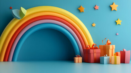 A vibrant rainbow and colorful gifts against a bright blue background, creating a joyful and playful atmosphere.