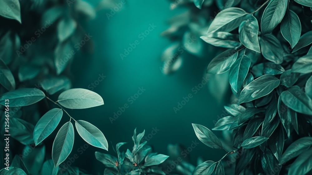 Aufkleber beautiful green leaves creating a natural frame on a turquoise background