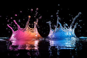 Colorful water splash with vibrant neon lighting on dark background
