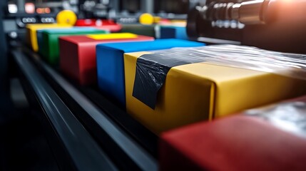 Colorful packages on a conveyor belt in a modern warehouse, showcasing efficient logistics operations