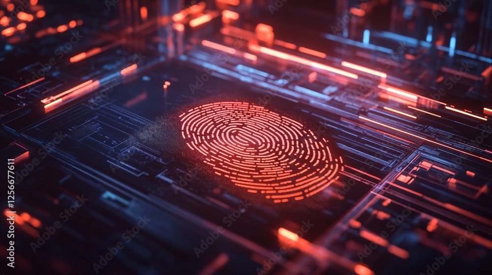 Poster digital fingerprint scanning on futuristic circuit board