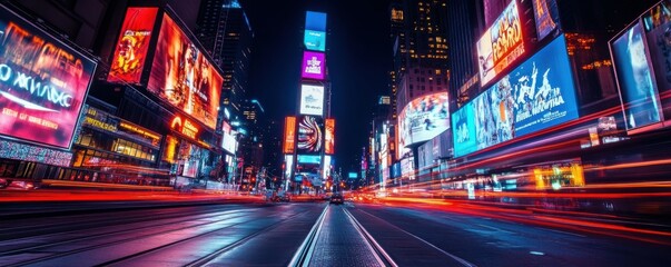 Times square at night with vibrant lights and motion blur