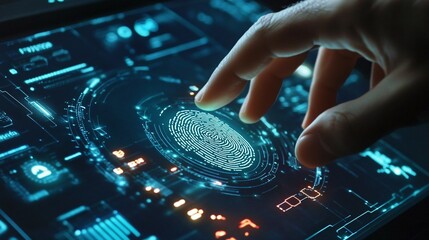 Businessman is scanning his fingerprint on a futuristic digital interface