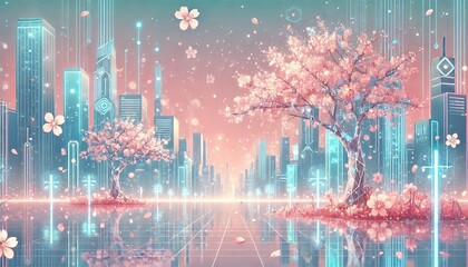 A Futuristic Cityscape with Crystalline Cherry Trees and Holographic Blossoms in a Pastel Glow