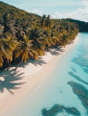 Aerial view of a pristine tropical beach with palm trees and turquoise water
