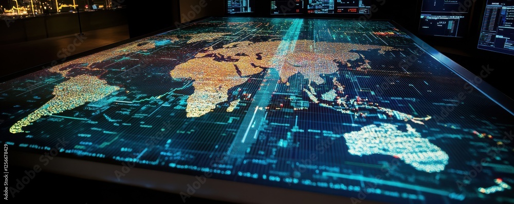 Aufkleber illuminated digital world map on interactive display in dark room