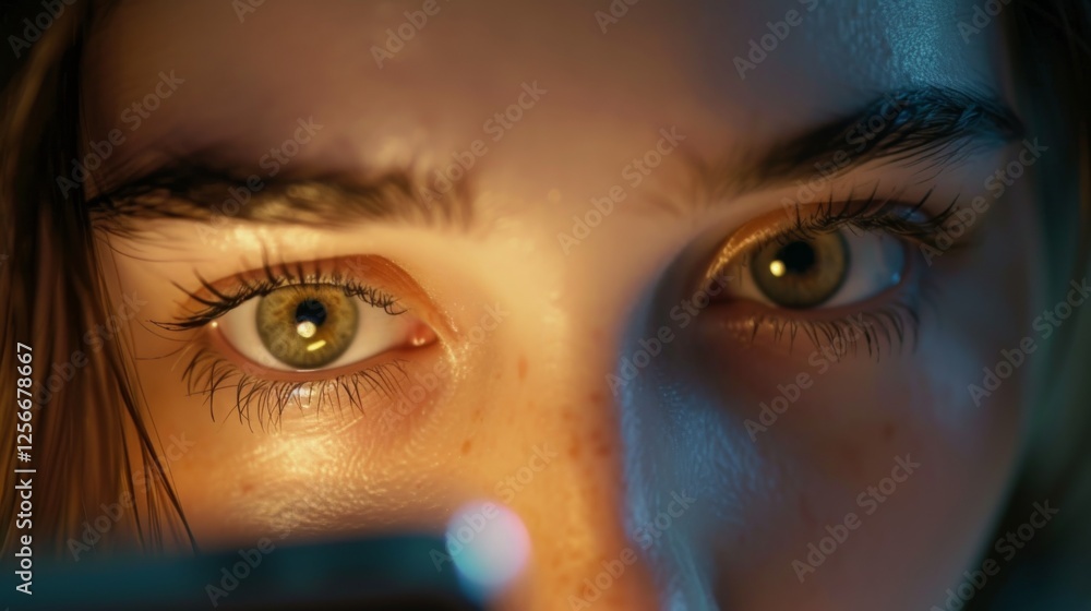 Poster golden eyes softly illuminated by a warm screen light, reflecting intricate details and a serene exp