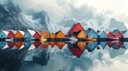 Colorful Cabins Reflecting in Calm Water