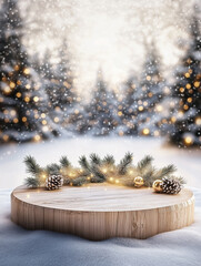  Chrismas Background with A magical winter setting featuring a rustic wooden platform surrounded by snow-covered pine trees, golden fairy lights, and sparkling snowfall.