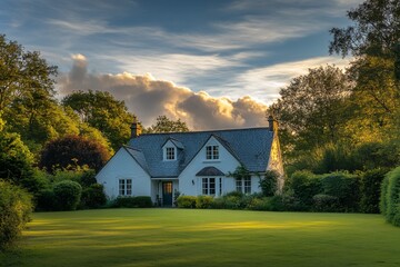 Charming white cottage nestled in lush green garden at sunset.