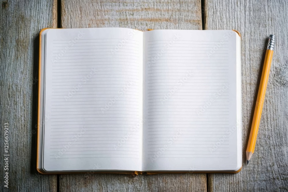 Aufkleber open notebook with blank pages and a pencil on a bright wooden desk inviting thoughts and creativity