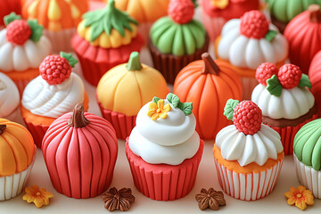 An array of colorful cupcakes, decorated with charming pumpkin and berry designs, arranged closely together on a white surface.