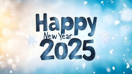 Celebratory illustration of Happy New Year 2025 with festive colors and sparkles, symbolizing new beginnings.